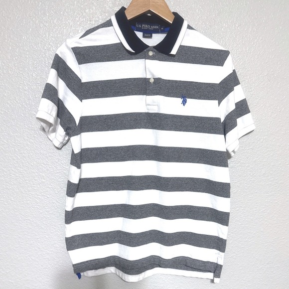 U.S. Polo Assn. Other - US Polo‎ Assn Striped Polo Button Shirt Mens Medium White Grey Pony Logo Prppy